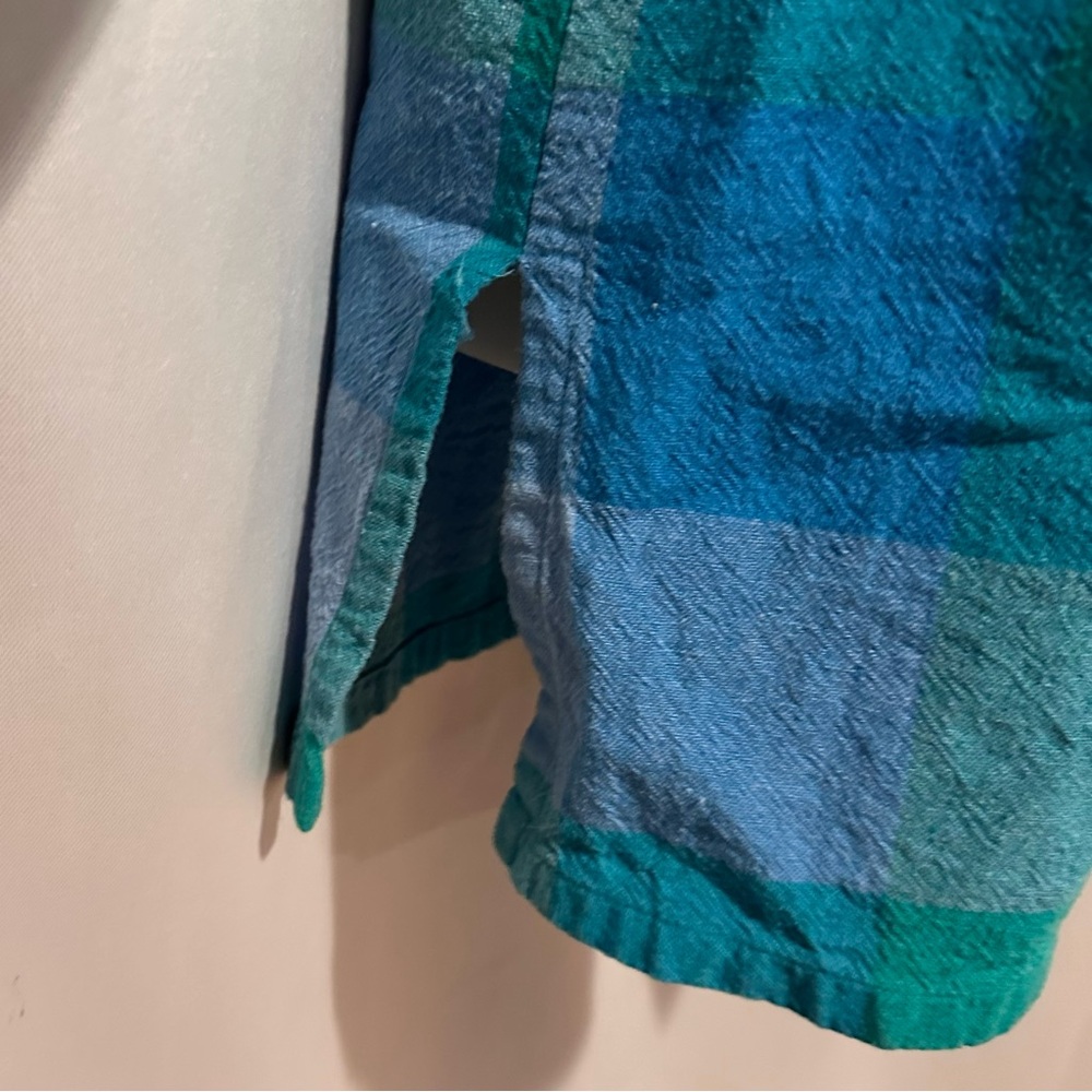 Blue & Teal Linen Blend Blouse Plaid Button-Up Shirt Size M - Picture 2 of 5